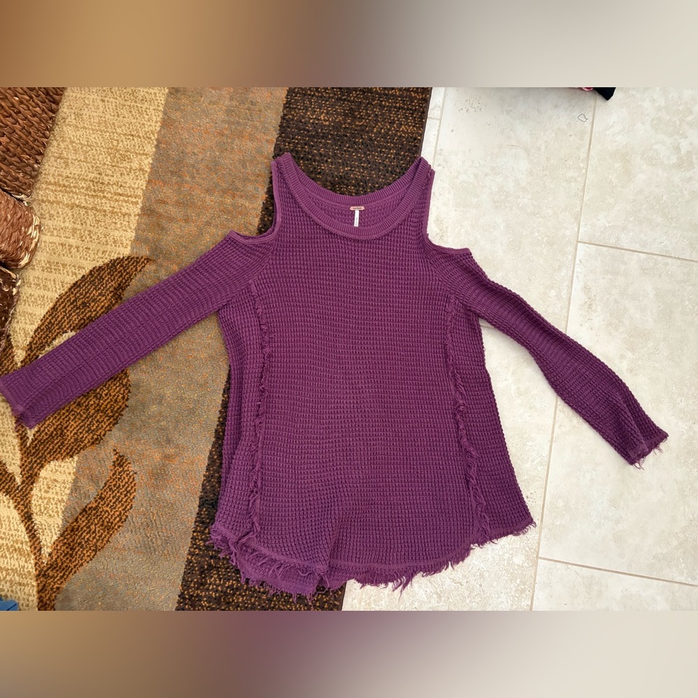 Free People Purple Cold-Shoulder Waffle Knit Sweater